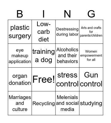 Purpose Statement, Topic Match Bingo Card