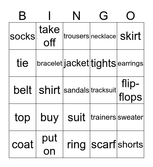 Clothes Bingo Card