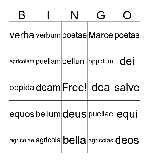 Nouns Bingo Card