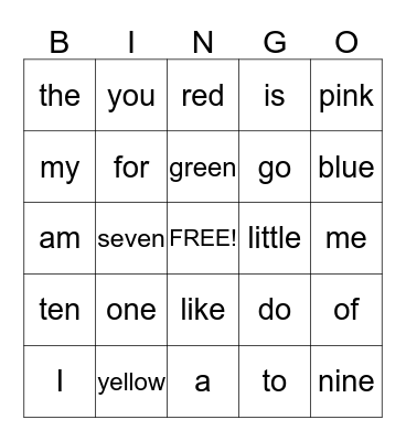 Sight Words Bingo Card
