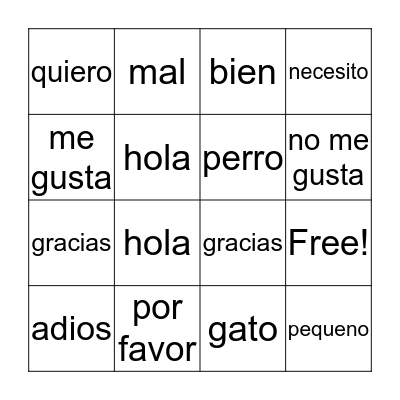 Spanish Bingo Card