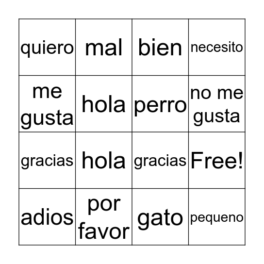 Spanish Bingo Card