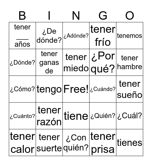 Question Words / Tener Expressions Span 2 Ch 1.2 Bingo Card