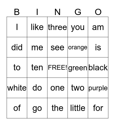 Sight Words Bingo Card