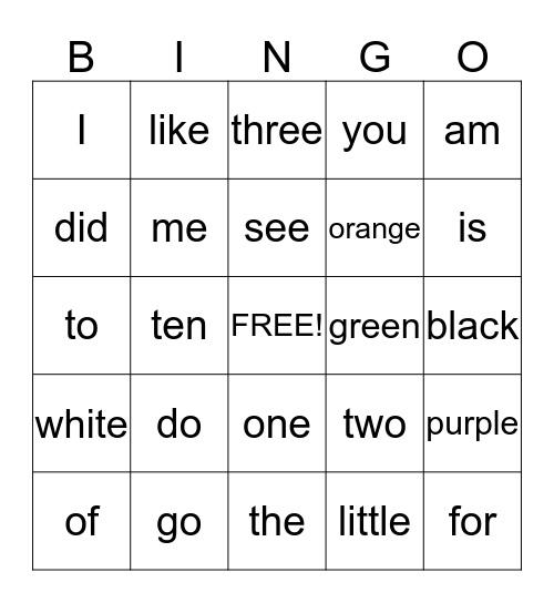 Sight Words Bingo Card