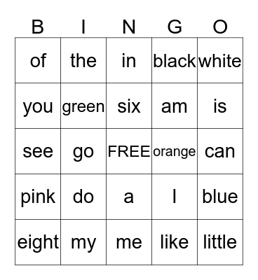 Sight Words Bingo Card