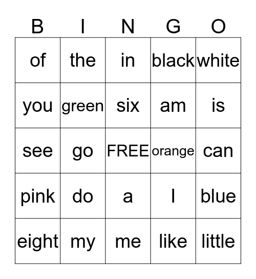 Sight Words Bingo Card