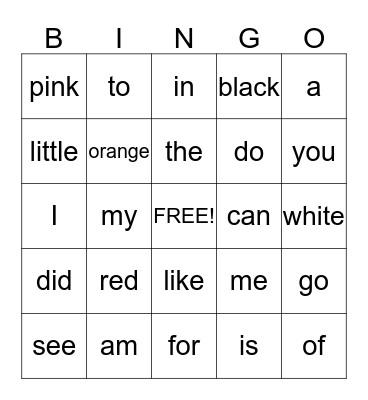 Sight Words Bingo Card