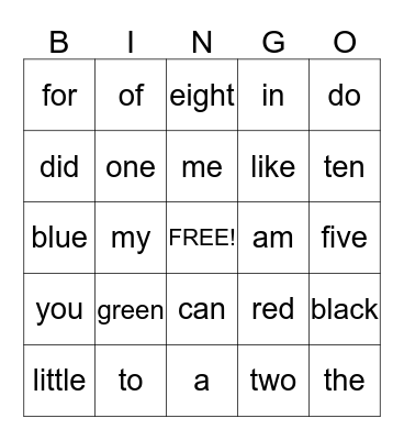 Sight Words Bingo Card