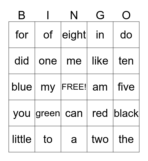 Sight Words Bingo Card