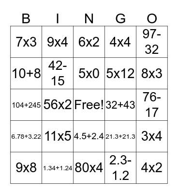 Maths BINGO Card