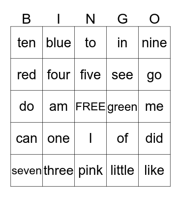 Sight Words Bingo Card