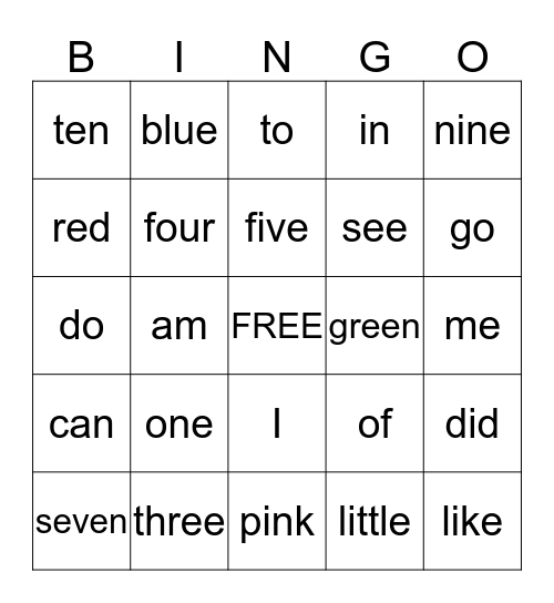 Sight Words Bingo Card
