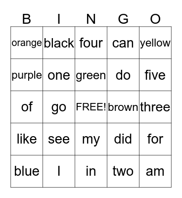 Sight Words Bingo Card