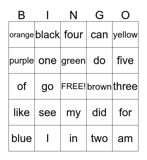 Sight Words Bingo Card