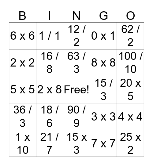 Equation Bingo Card