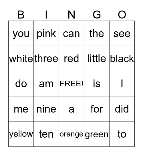 Sight Words Bingo Card