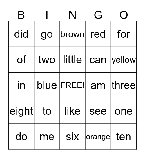 Sight Words Bingo Card