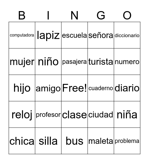 Nouns Bingo Card