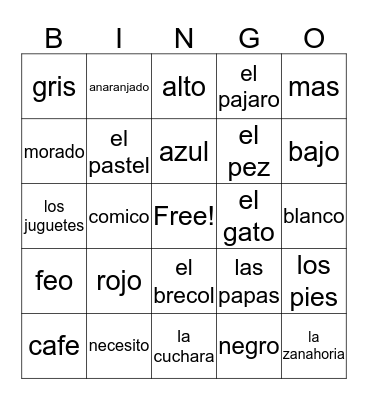 Spanish  Bingo Card