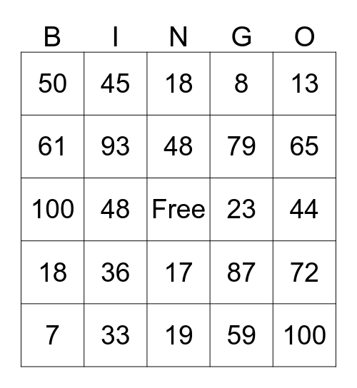 Numeros 1 - 100 Bingo Card