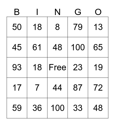 Numeros 1 - 100 Bingo Card