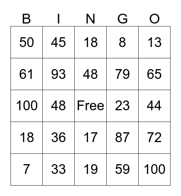 Numeros 1 - 100 Bingo Card