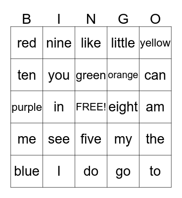Sight Words Bingo Card