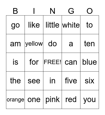 Sight Words Bingo Card