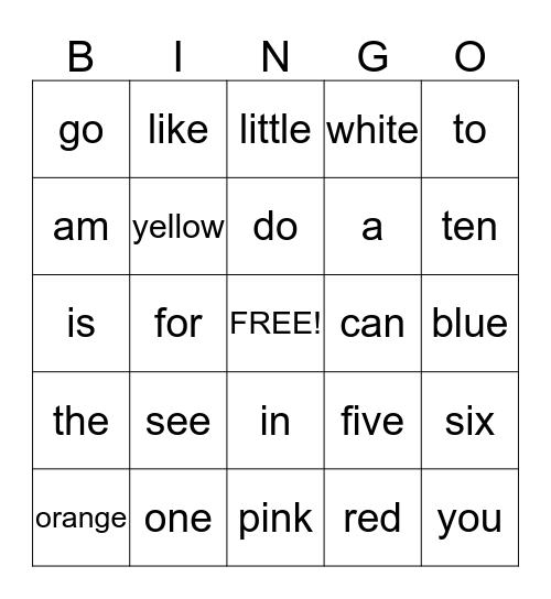Sight Words Bingo Card