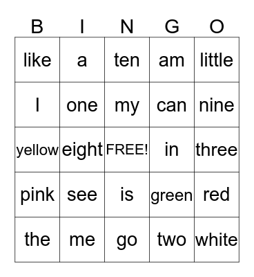 Sight Words  Bingo Card