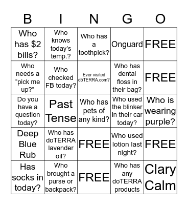 DoTerra Essential Oils Bingo Card
