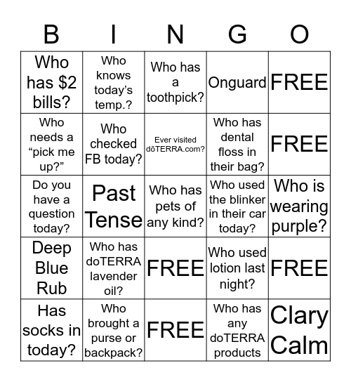 DoTerra Essential Oils Bingo Card