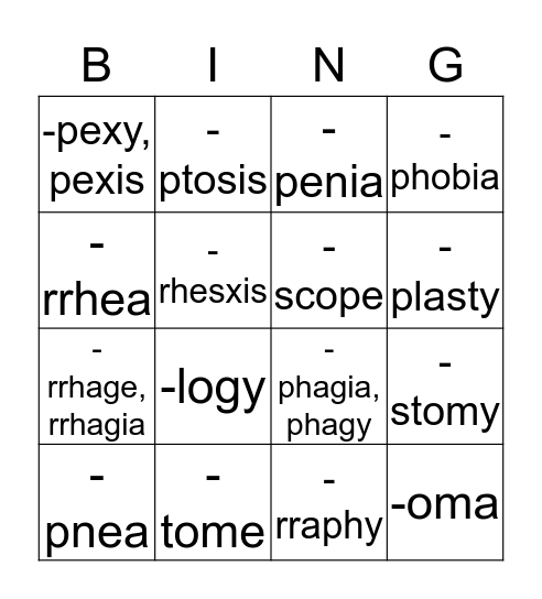 Suffix Group 2 Bingo Card