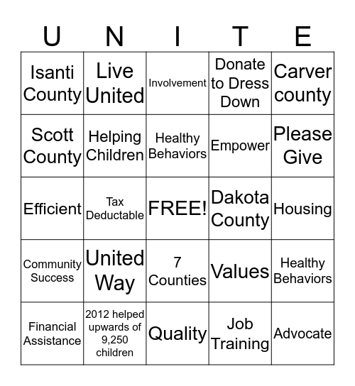 Unite for United Way Bingo Card