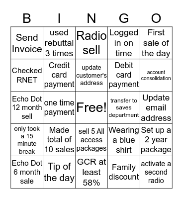 Sirius XM Inbound Sales Bingo Card