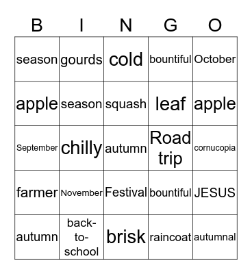 UNION CHAPEL FALL HARVEST FESTIVAL Bingo Card