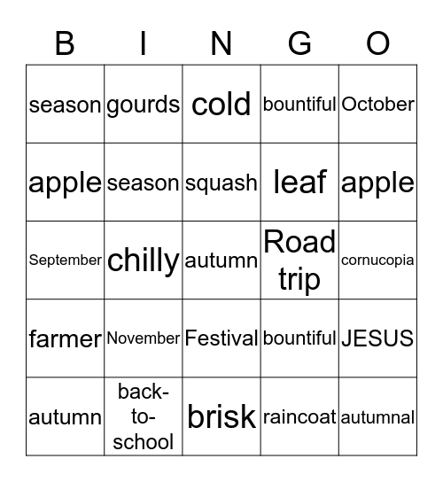 UNION CHAPEL FALL HARVEST FESTIVAL Bingo Card