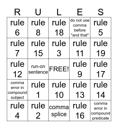 Comma Rules Bingo Card