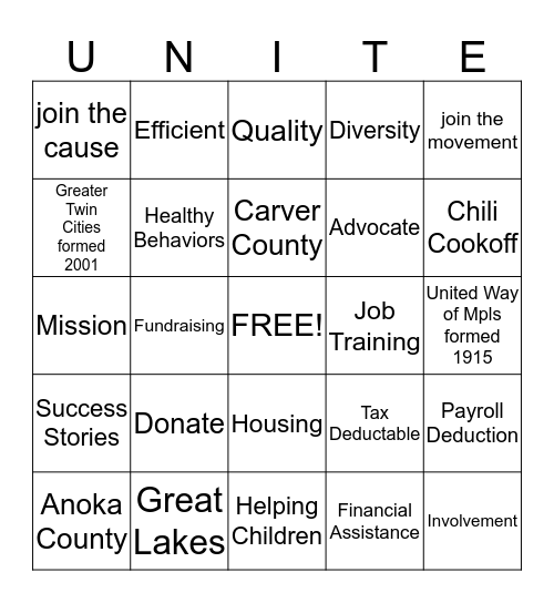 Unite for United Way Bingo Card