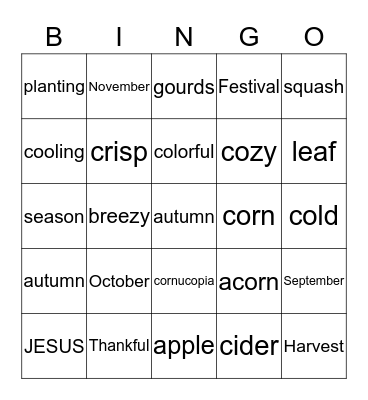UNION CHAPEL FALL HARVEST FESTIVAL Bingo Card