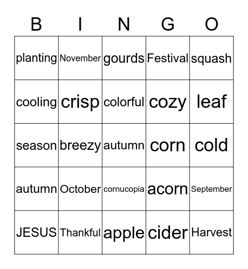 UNION CHAPEL FALL HARVEST FESTIVAL Bingo Card