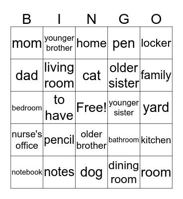 C7 - My Home / Family / School (English) Bingo Card