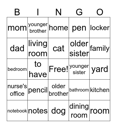 C7 - My Home / Family / School (English) Bingo Card