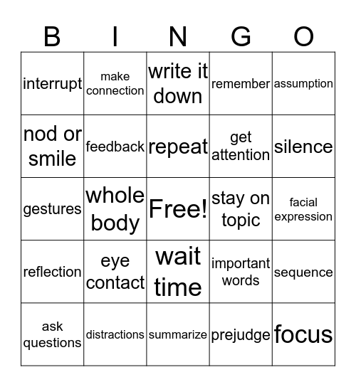 Listening and Following Directions Bingo Card
