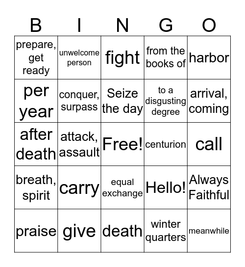 Latin Bingo Card