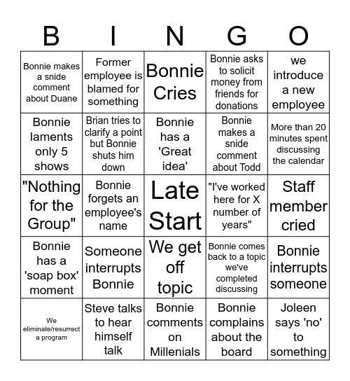 Staff Meeting Bingo Card