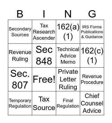 Tax Research Bingo Card