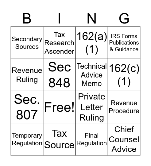 Tax Research Bingo Card