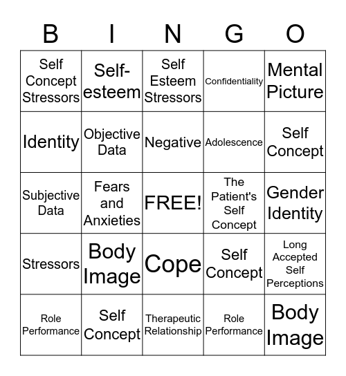 Self Concept Bingo Card